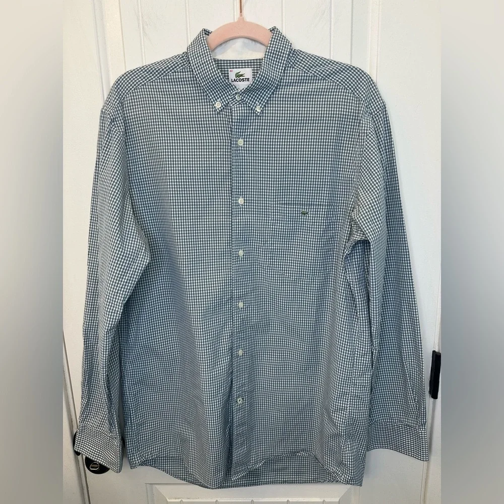 Lacoste Men's Sage Green Off-White Checkered Button Up Shirt Size 40 EUC